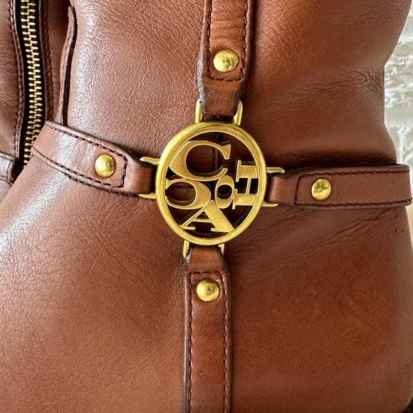Coach Mulan Cognac Brown Leather KneeHigh Riding Boots/Gold Gold Accents/Emblem - Picture 3 of 7
